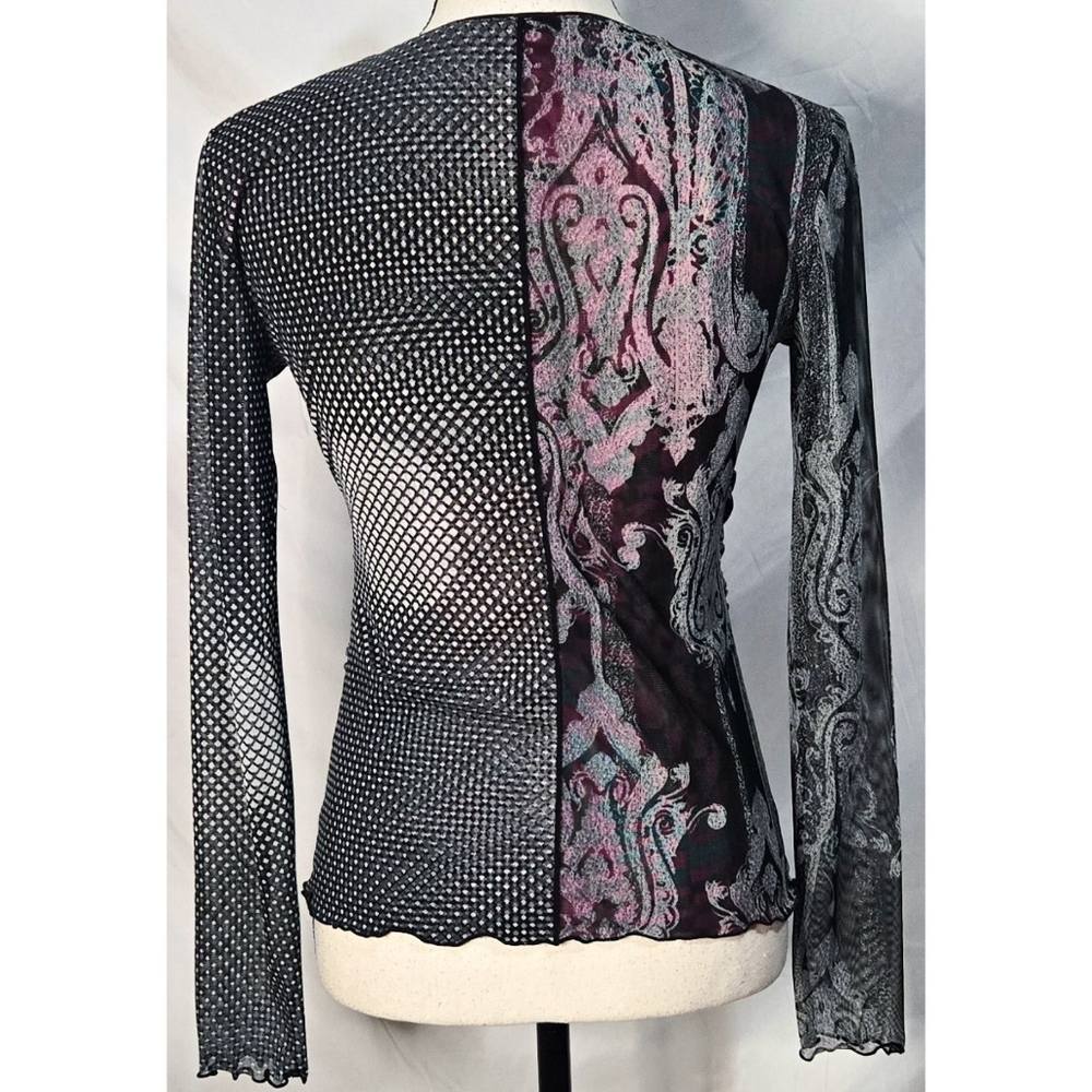 Y2K Mesh Floral Patchwork Top Shirt Anac V Neck Stretch Whimsigoth Purple Black - Picture 2 of 3